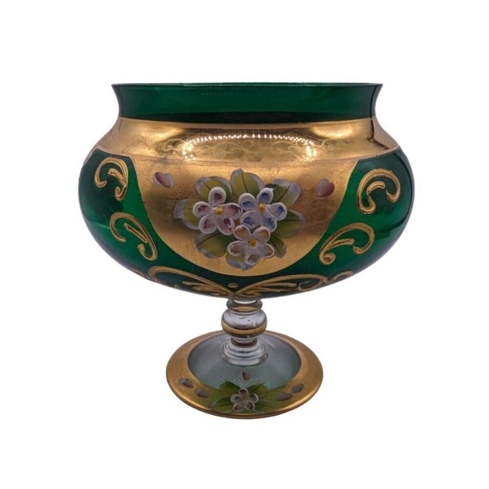 Vintage Seyei Victorian Bohemian Green Glass Enameled Flowers NO Lid Candy Dish